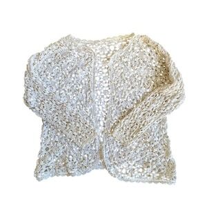 Vintage Crochet Cardigan Pearl Button Open Knit Cream Lace Boho